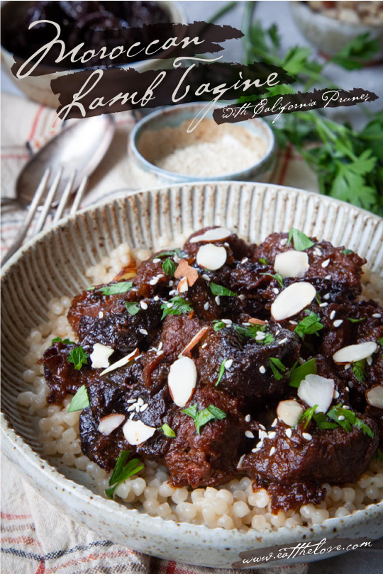 Moroccan lamb tagine with prunes in a ceramic bowl.