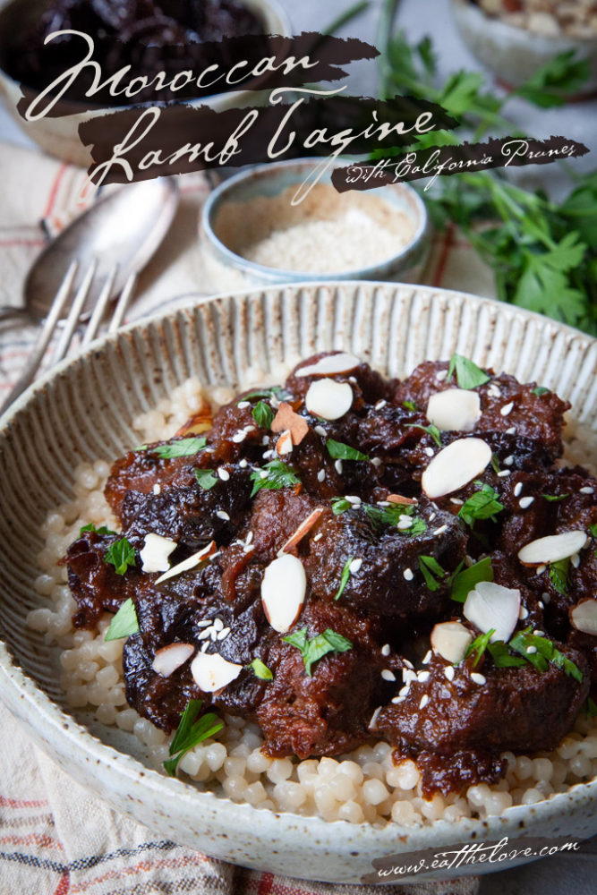 Moroccan lamb tagine with prunes in a ceramic bowl.