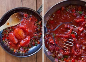 Add the tomatoes and then break them up with a wooden spoon or a potato masher.