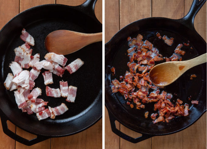 Cook the bacon in an oven proof skillet, preferably cast iron.