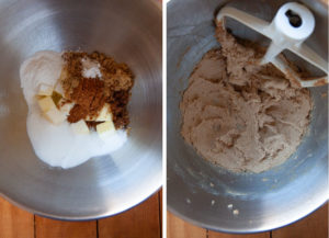 Place butter, sugar, vanilla, baking powder, salt, pumpkin spice, baking soda in the bowl of a stand mixer fitted with a paddle attachment. Mix until fluffy and light in color.