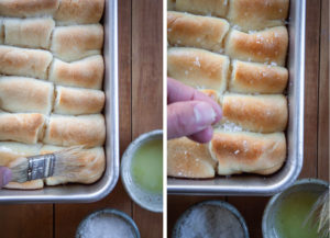 Once baked, brush the top of the rolls with more melted butter and sprinkle with salt.