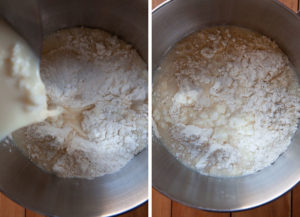 Pour warm milk liquid into bowl with flour.