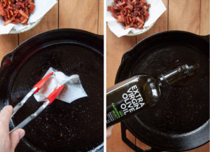 Remove bacon, wipe out pan, pour olive oil in.