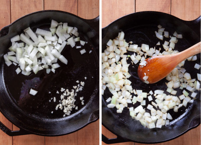 Cook the onions and garlic in the pan.