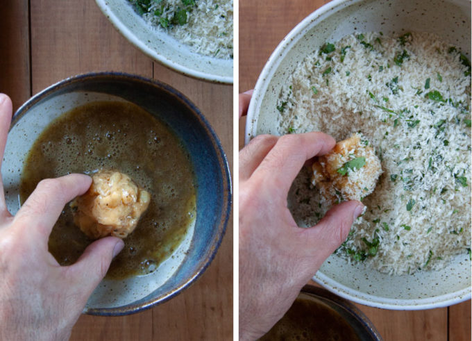 Dip mac and cheese ball in the egg, then coat with the panko bread crumbs.