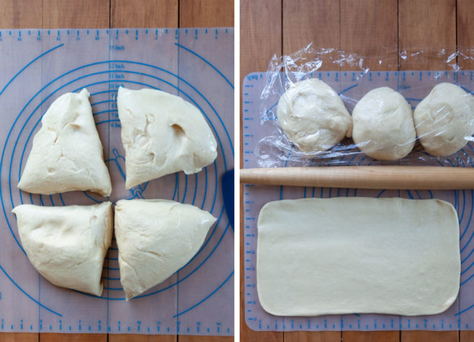 Divide dough into quarters. Roll out one part into a long rectangle.