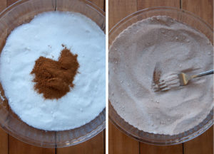 Combine sugar and cinnamon together to make coating.