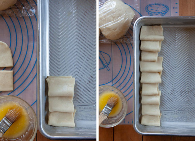 Repeat and place the dough in the pan, overlapping each roll slightly.
