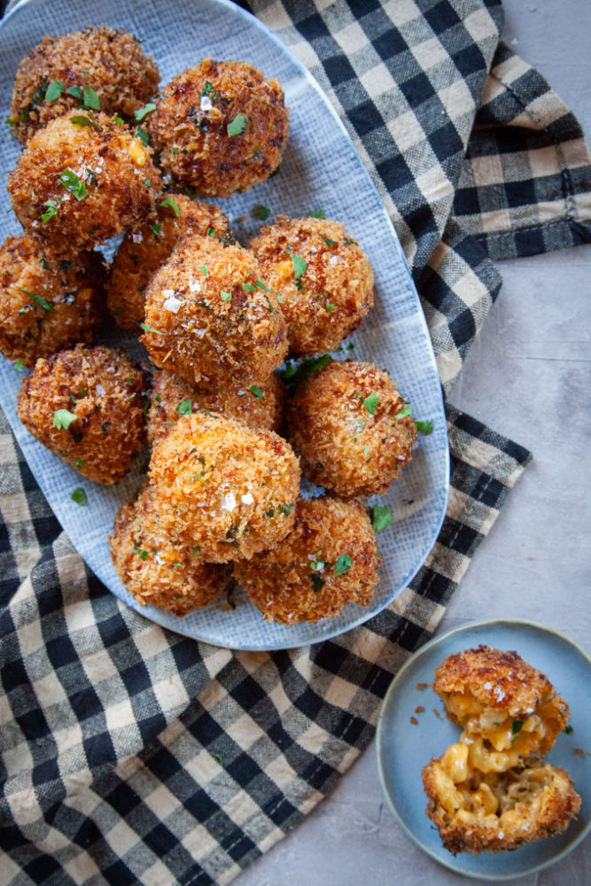 Fried Mac and Cheese Bites on a plates.