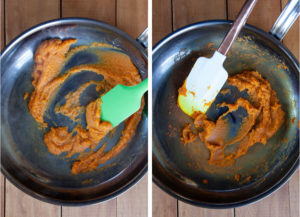 left image a spatula stirring pumpkin puree in a pan before it is cooked. Right image is the pumpkin puree cooked down with less moisture in a pan with a spatula.