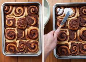Spread frosting on warm rolls.