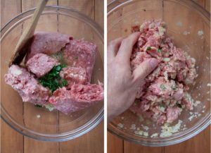 Add the ground lamb and pork, along with the beaten egg and parsley. Mix with your hands.
