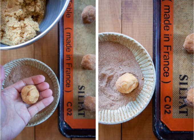 Make balls about 1-inch in diameter, then roll in the pumpkin spice sugar coating.