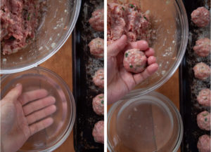 Use your hands to form the meatballs. Dip your hands in water to help form the meatballs and to keep the mixture from sticking to you.