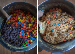 Stir in the chocolate chips, m&ms and reese's pieces by hand.