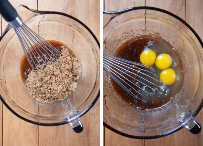 Add brown sugar, then eggs, stirring between additions.