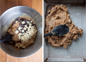 Mix in most of the chocolate, then spread the dough into the pan.