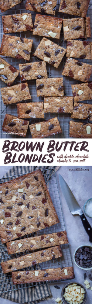 Brown Butter Blondies with white and dark chocoalate chunks and a sprinkling of sea salt! An easy recipe with an incredible depth of flavor from the brown butter. #blondies #cookie #cookiebar #chocoaltechip #chocolatechunk #brownbutter #recipe #easy