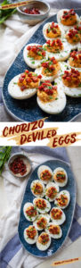 These Chorizo Deviled Eggs are an easy sophisticated take on the crowd pleasing Deviled Eggs that everyone loves! #deviledeggs #eggs #appetizer #snack #partyfood #entertaining #horsdoeuvre #eggs #recipe #easy #breakfast #brunch