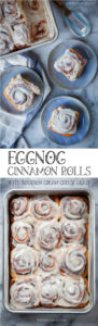 Eggnog Cinnamon Rolls in a pan, next to nutmeg and an offset spatula used to spread the bourbon cream cheese glaze. #eggnog #recipe #christmas #holiday #breakfast #brunch #bourbon #rum #creamcheese
