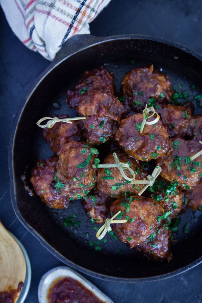 Irish Lamb Meatballs in a cast iron skillet