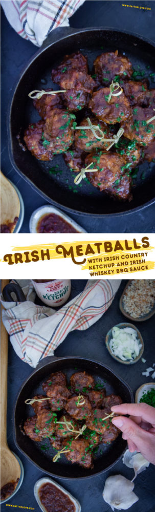 This Irish meatball recipe uses Irish Country Ketchup as well as Irish Whiskey in the BBQ sauce to make an easy and fast appetizer dish! Perfect for parties and large gatherings. #meatballs #irish #lamb #appetizer #easy #recipe #fast #partyfood