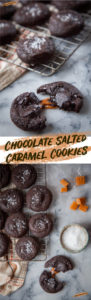 Chocolate Salted Caramel Cookies. An easy-to-make and impressive cookie that will delight everyone! #cookie #chocolate #caramel #saltedcaramel #recipe #stuffedcookie