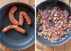 cook sausage, onions and garlic in a pan.