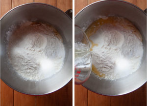 Add the flour, salt and melted butter to the liquid.