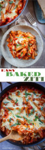 This easy baked ziti is made in one skillet (even the pasta!) on the stovetop then baked quickly in the oven to melt the cheese. All the flavor with minimal effort and time! #oneskillet #easy #fast #pasta #bakedpasta #bakedziti #weeknightmeals #quick #meal #dinner