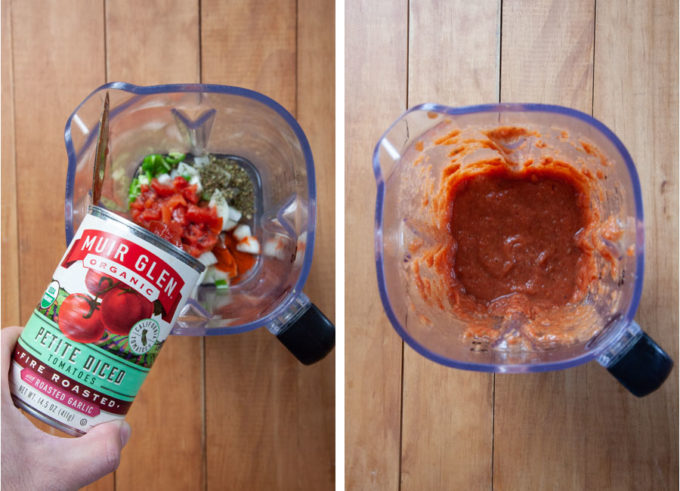 Pour the canned tomatoes into the blender with the other salsa ingredients and blend.