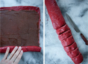 Tightly roll the dough into a long log, then slice into rolls.