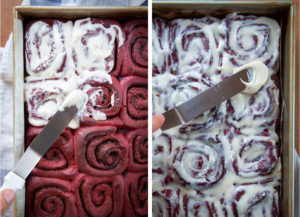 Spread half the frosting over the hot red velvet cinnamon rolls, let cool, then cover with the remaining frosting.