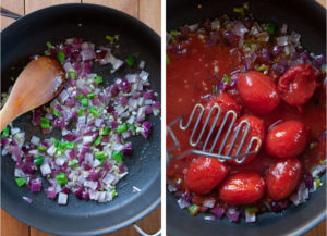 Saute the garlic, onions, and jalapenos. Then add tomatoes to make sauce