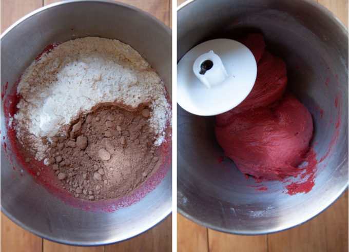 Add flour and cocoa to the liquid and knead until a smooth dough forms.