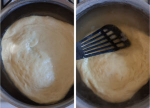 Boil the dough in the baking soda solution.