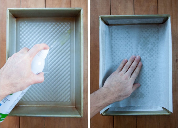 Spray a baking pan with cooking oil, then line with parchment paper.