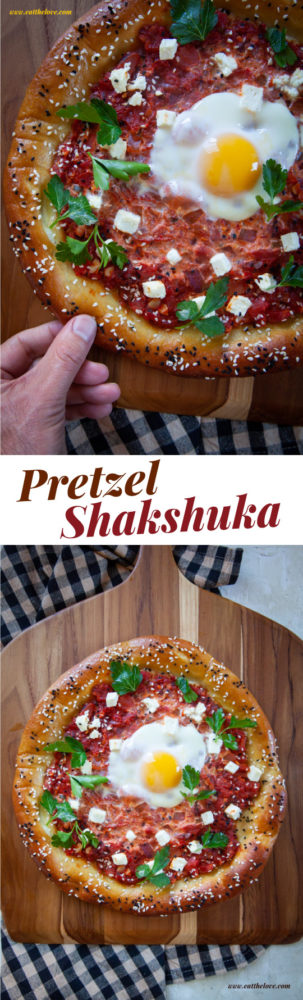 This pretzel shakshuka makes for a great brunch dish that will impress everyone! It's the classic Mediterranean spicy tomato stew with an egg in it, all baked up in a soft pretzel crust! Breakfast pizza taken to the next level. #shakshuka #pretzel #breakfast #brunch #recipe #yeast #softpretzel #feta #egg