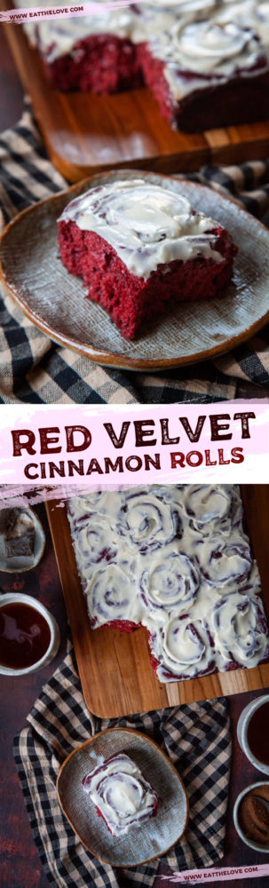 Red Velvet Cinnamon Rolls made from scratch, no cake mix! Luscious and reminiscent of a classic red velvet cake, in cinnamon roll form! #redvelvet #cinnamonroll #cinnamonbun #cinnamon #recipe #breakfast #brunch #valentines #christmas