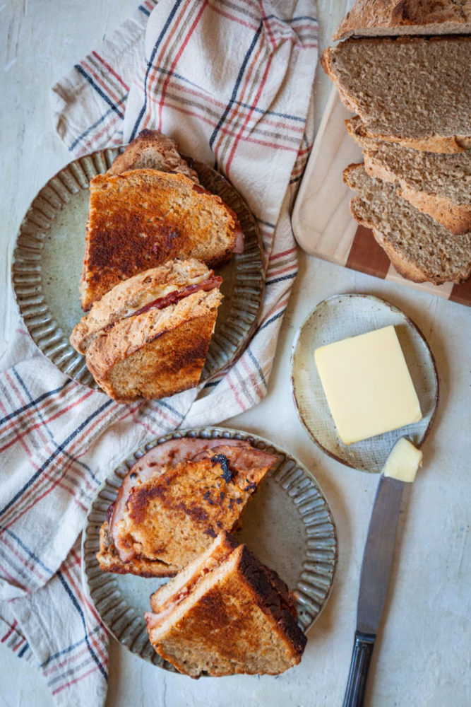 Ham and Cheese Toasties made with Irish Soda Bread and Irish Country Ketchup on plates