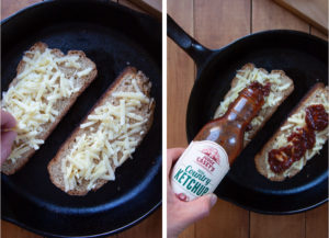 Place 2 slices of bread, butter side down, on pan and sprinkle cheese and ketchup over it.
