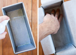 Spray cooking oil and line a loaf pan with parchment paper.