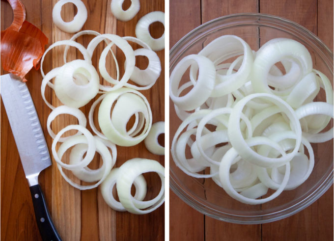 slice the onions into 3/4-inch thick slices and separate into rings.