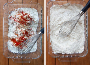 Whisk the flour and dry ingredients together in a large shallow bowl or baking dish.