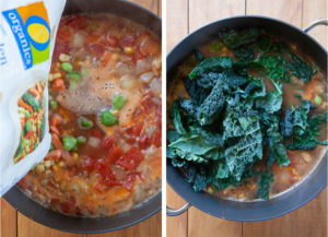 Add frozen vegetables, then kale.