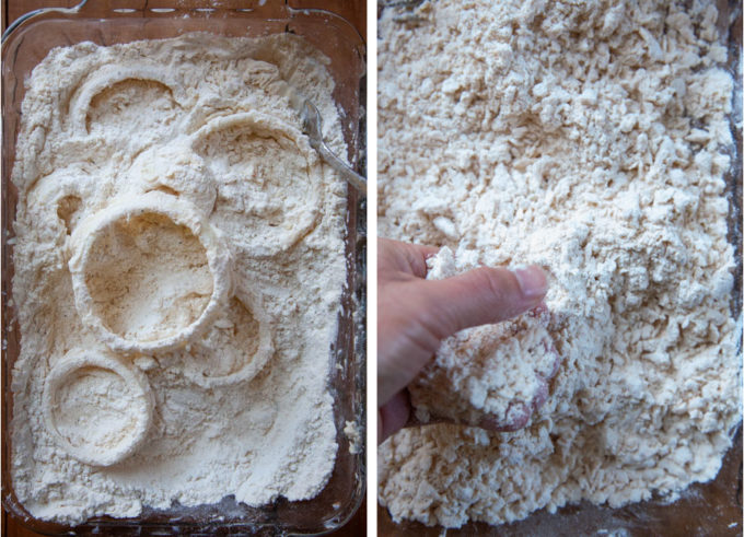 Move the coated rings into the flour mixture. When the flour mixture gets chunky, break the clumps into smaller pieces with your finger.