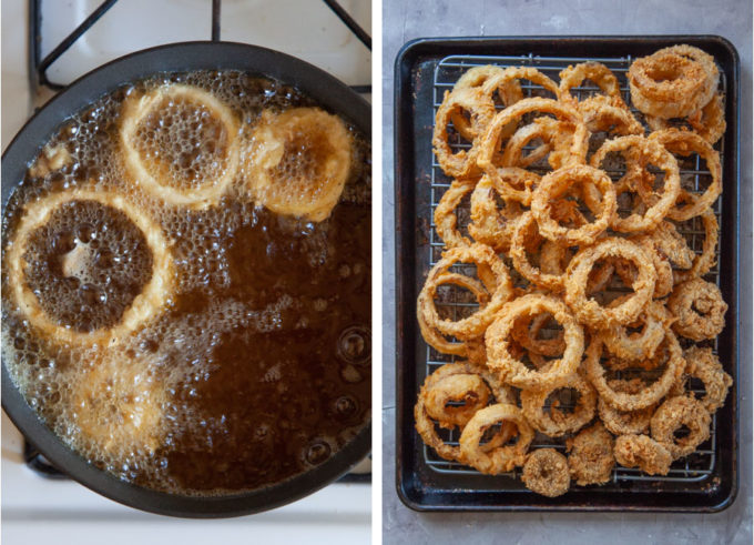 Fry the coated rings in hot oil, then let drain on a wire rack placed on a rimmed baking sheet.