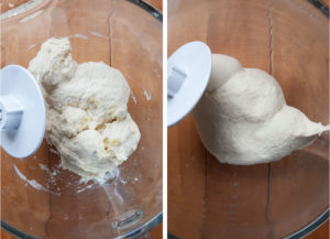 Left image is a dough hook showing the rough dough. Right image is the dough after it has been kneaded and is smooth and elastic.
