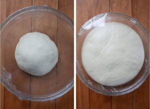 Left image is the dough placed in a bowl after kneading. The right image is the dough having doubled in size after being left to rise for an hour.